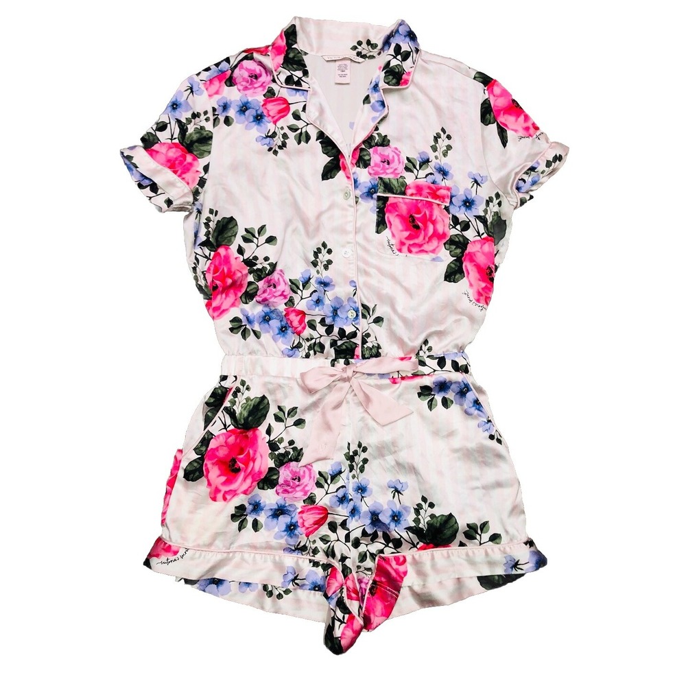 Victoria's Secret Pajama Romper XS‎ Pink Floral Stripe Satin Tie Waist *defect